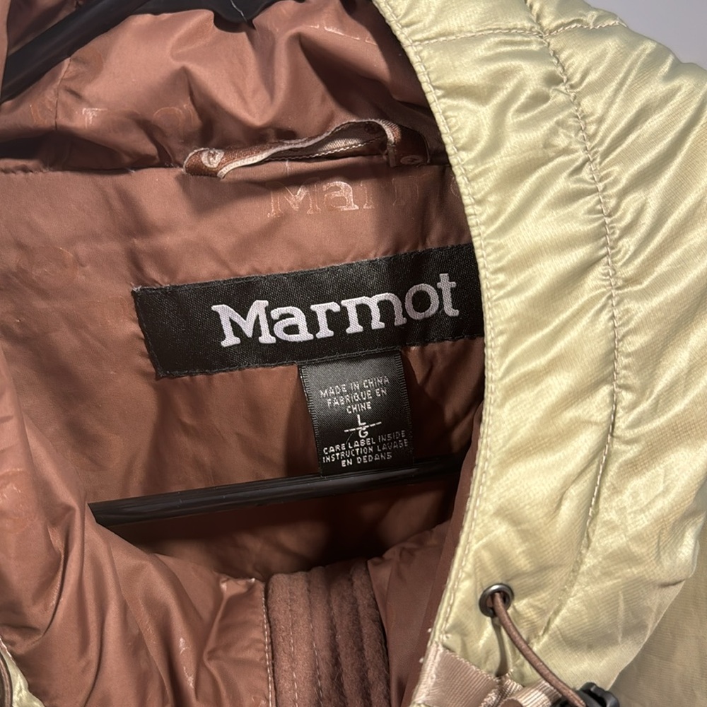 Marmot Guides Down Hoodie Puffer Snowboarding Jacket Large in Green/tan - Picture 5 of 6